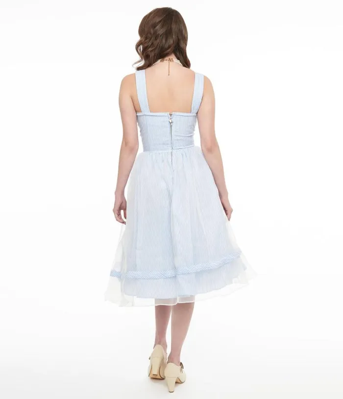 Barbie X 1960s Blue and White Stripe Movie Date Swing Dress Dresses Unique Vintage Swing