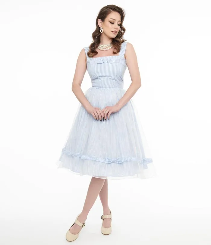 Barbie X 1960s Blue and White Stripe Movie Date Swing Dress Dresses Unique Vintage Swing
