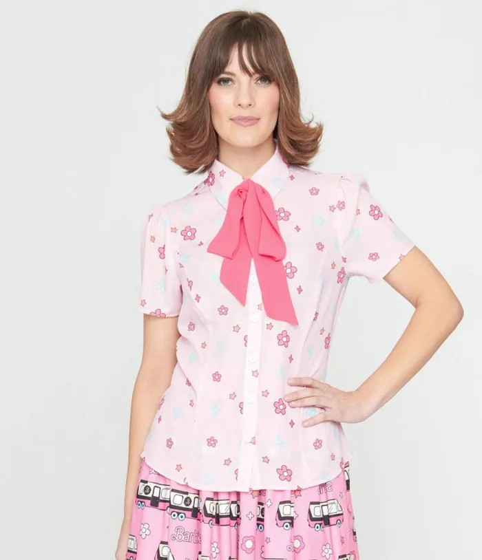 Barbie X 1970s Pink Barbie Floral Print Bow Blouse Clothing Unique Vintage Blouses
