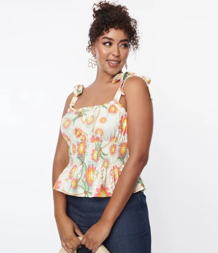 Barbie X Palm Tree and Floral Breezy Babe Crop Top Clothing Unique Vintage Blouses Barbie X Palm Tree and Floral Breezy Babe Crop Top Clothing Unique Vintage Blouses
