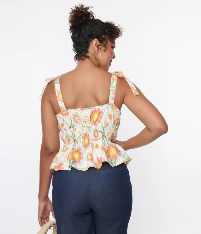 Barbie X Palm Tree and Floral Breezy Babe Crop Top Clothing Unique Vintage Blouses