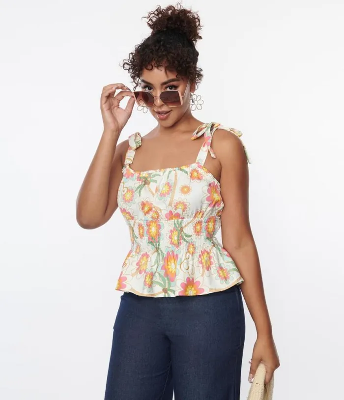 Barbie X Palm Tree and Floral Breezy Babe Crop Top Clothing Unique Vintage Blouses