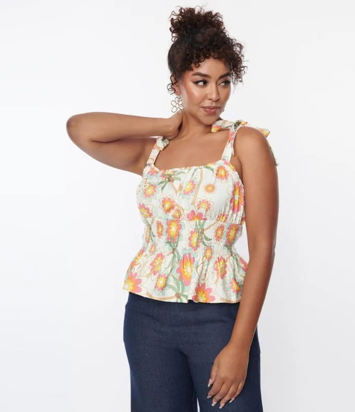 Barbie X Palm Tree and Floral Breezy Babe Crop Top Clothing Unique Vintage Blouses