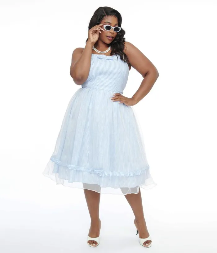 Barbie X Plus Size 1960s Blue and White Stripe Movie Date Swing Dress DressesPlus Unique Vintage Swing