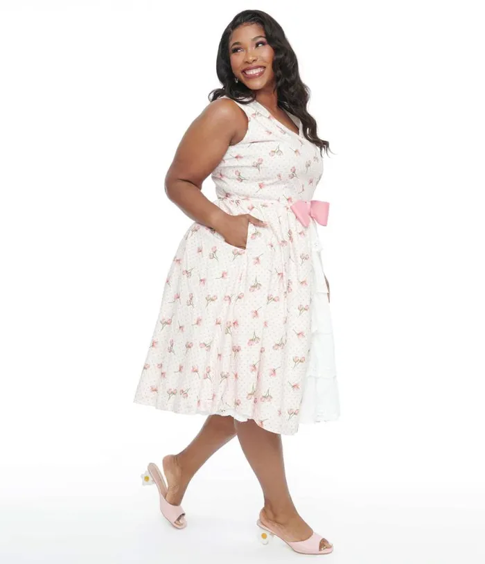 Barbie X Plus Size 1960s Pink Rosebud Garden Party Swing Dress DressesPlus Unique Vintage Swing