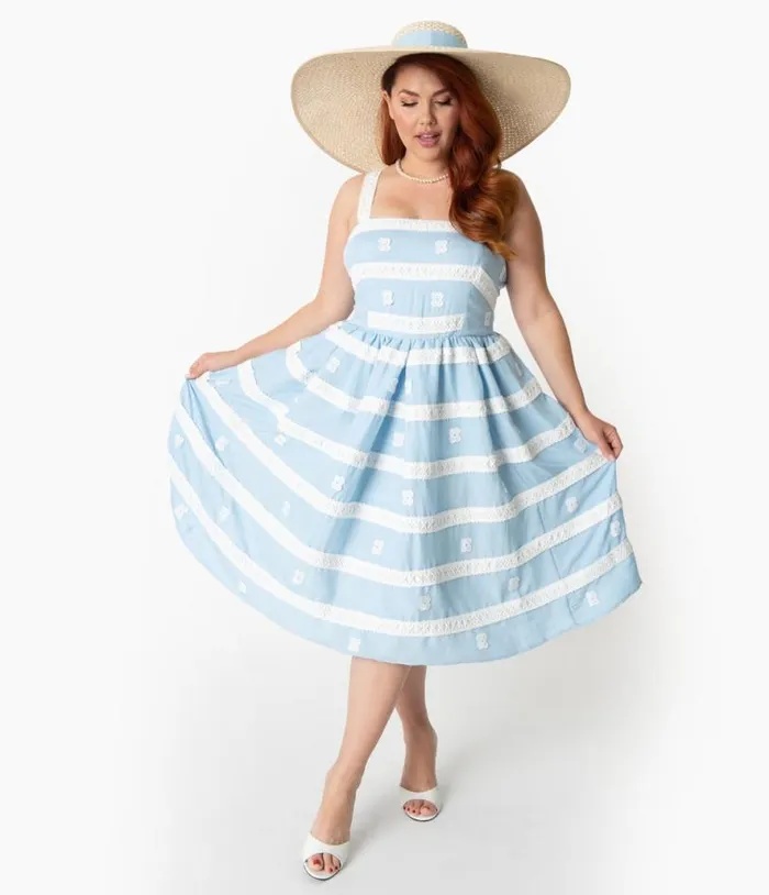 Barbie X Plus Size Blue and White Suburban Shopper Sundress DressesPlus Unique Vintage Swing Barbie X Plus Size Blue and White Suburban Shopper Sundress DressesPlus Unique Vintage Swing
