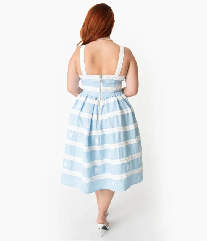 Barbie X Plus Size Blue and White Suburban Shopper Sundress DressesPlus Unique Vintage Swing