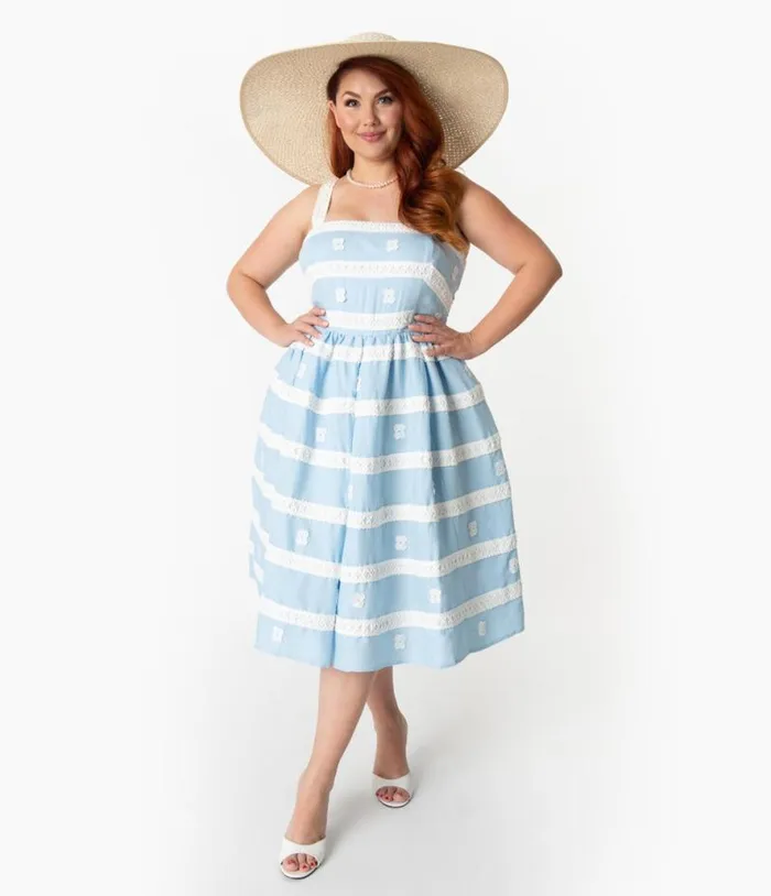 Barbie X Plus Size Blue and White Suburban Shopper Sundress DressesPlus Unique Vintage Swing