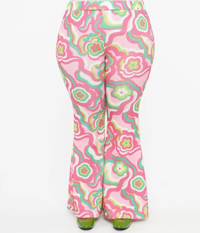 Barbie X Smak Parlour Plus Size 1970s Pink and Green Floral Evening In Flare Pants ClothingPlus Unique Vintage Pants