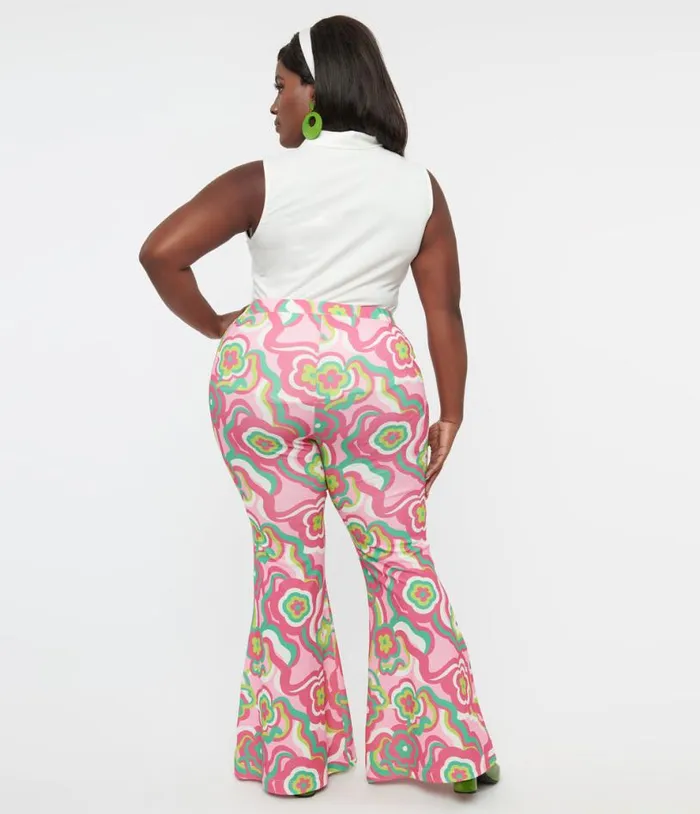 Barbie X Smak Parlour Plus Size 1970s Pink and Green Floral Evening In Flare Pants ClothingPlus Unique Vintage Pants
