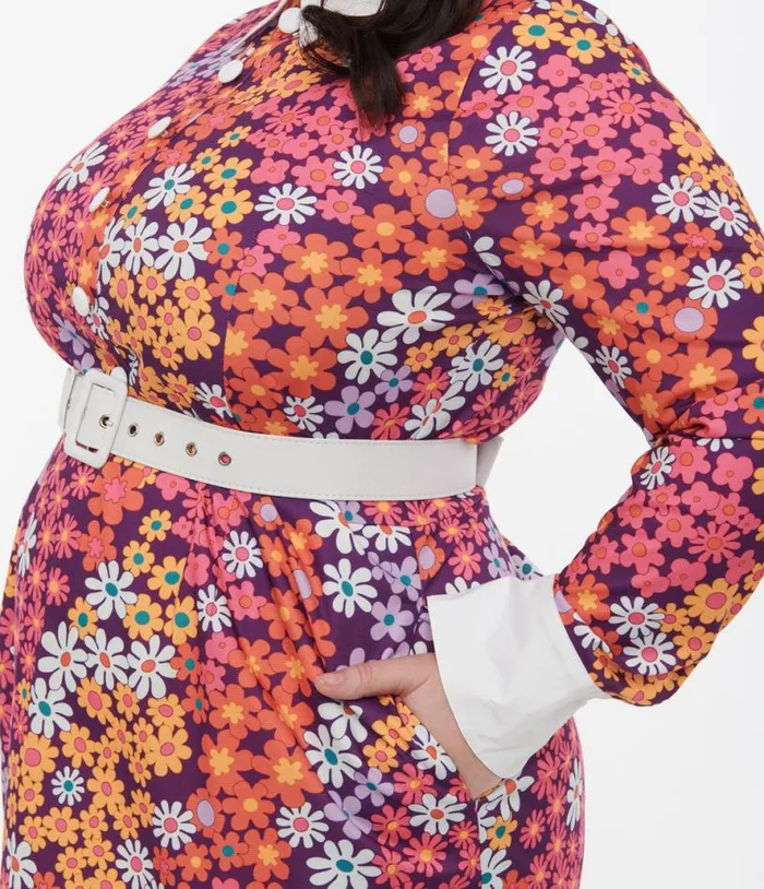 Barbie X Smak Parlour Plus Size 1970s Purple Floral Short N Sweet Flare Dress DressesPlus Unique Vintage Pocket Dresses