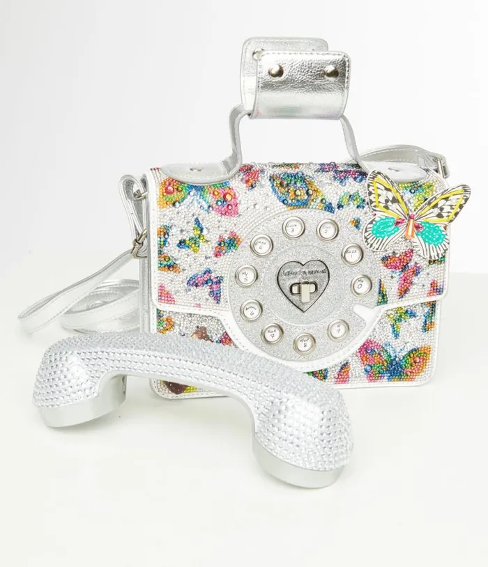 Betsey Johnson Silver and Multicolor Rhinestone Butterfly Phone Handbag Accessories Unique Vintage Novelty Bags