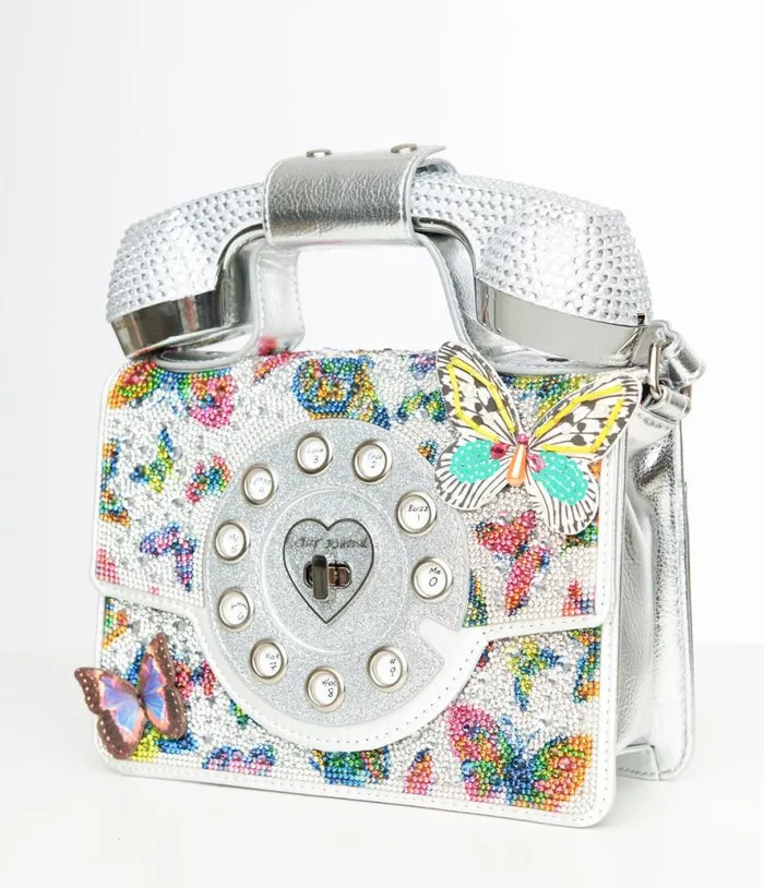 Betsey Johnson Silver and Multicolor Rhinestone Butterfly Phone Handbag Accessories Unique Vintage Novelty Bags