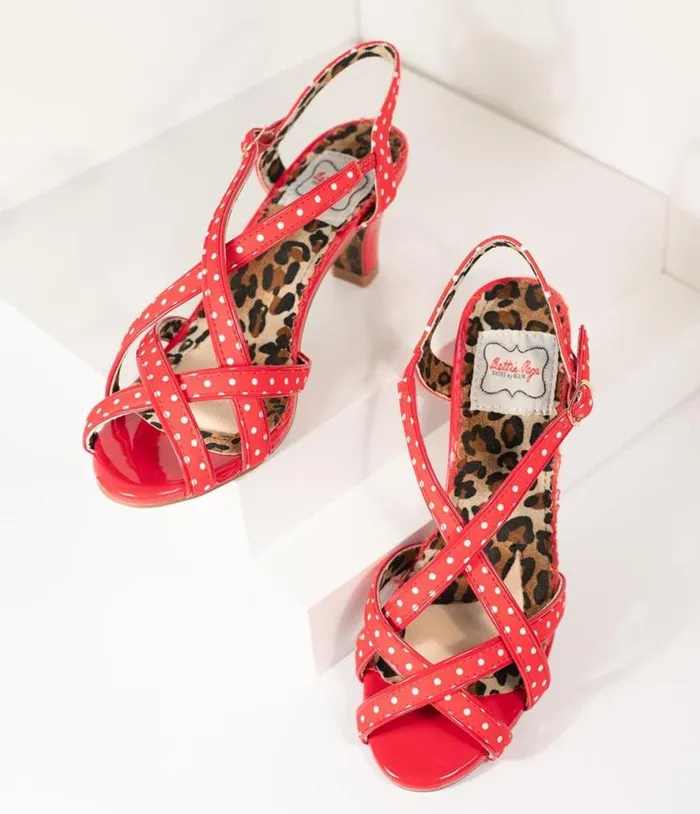 Bettie Page Retro Red and White Polka Dot Peep Toe Gracie Heels Shoes Unique Vintage Heels Bettie Page Retro Red and White Polka Dot Peep Toe Gracie Heels Shoes Unique Vintage Heels
