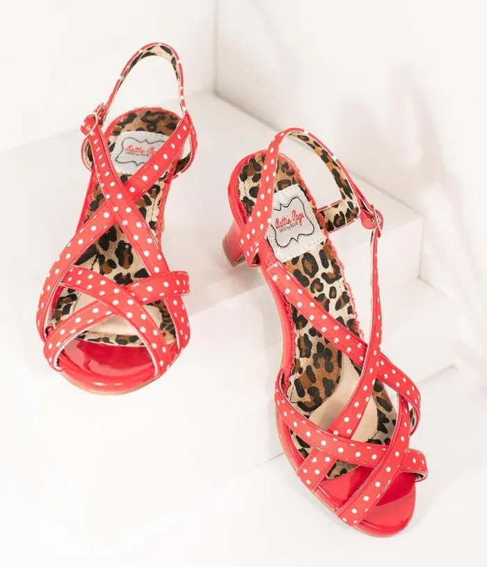 Bettie Page Retro Red and White Polka Dot Peep Toe Gracie Heels Shoes Unique Vintage Heels