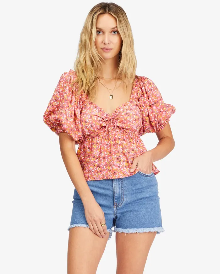 Billabong Beachy Babe Puff Sleeve Crop Top Vintage Coral Women Tops Billabong Beachy Babe Puff Sleeve Crop Top Vintage Coral Women Tops