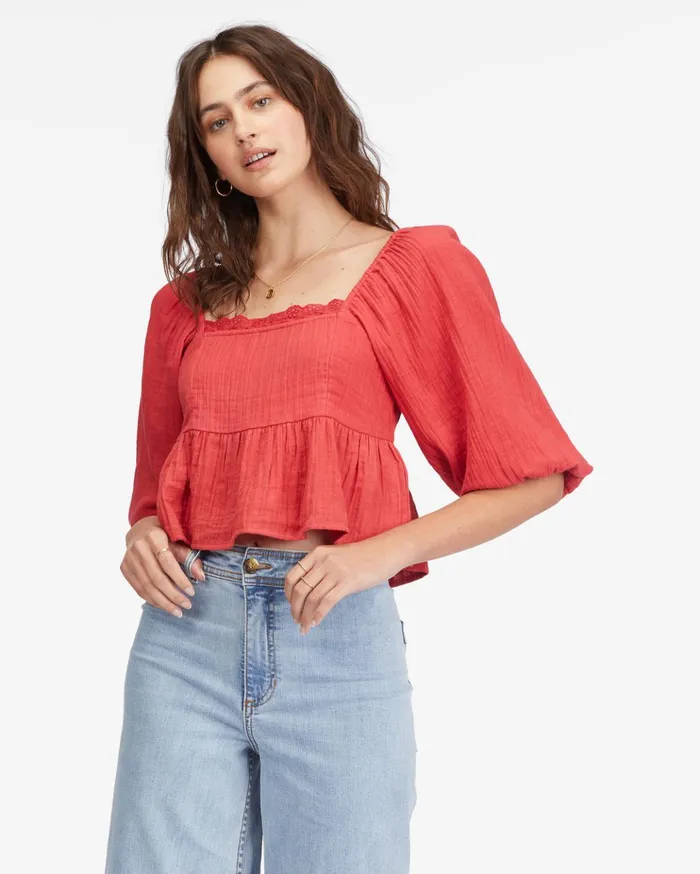 Billabong Cross My Heart Puff Sleeve Crop Top Deep Love Women Tops