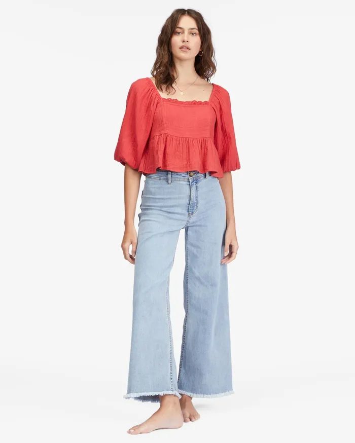 Billabong Cross My Heart Puff Sleeve Crop Top Deep Love Women Tops Billabong Cross My Heart Puff Sleeve Crop Top Deep Love Women Tops