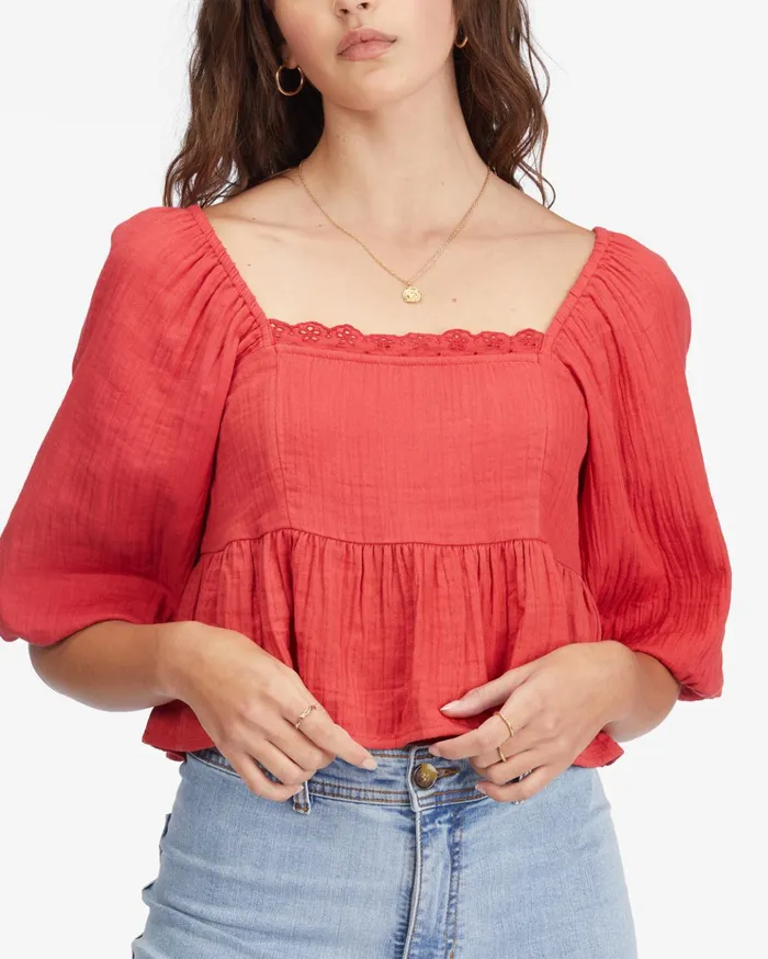 Billabong Cross My Heart Puff Sleeve Crop Top Deep Love Women Tops Billabong Cross My Heart Puff Sleeve Crop Top Deep Love Women Tops