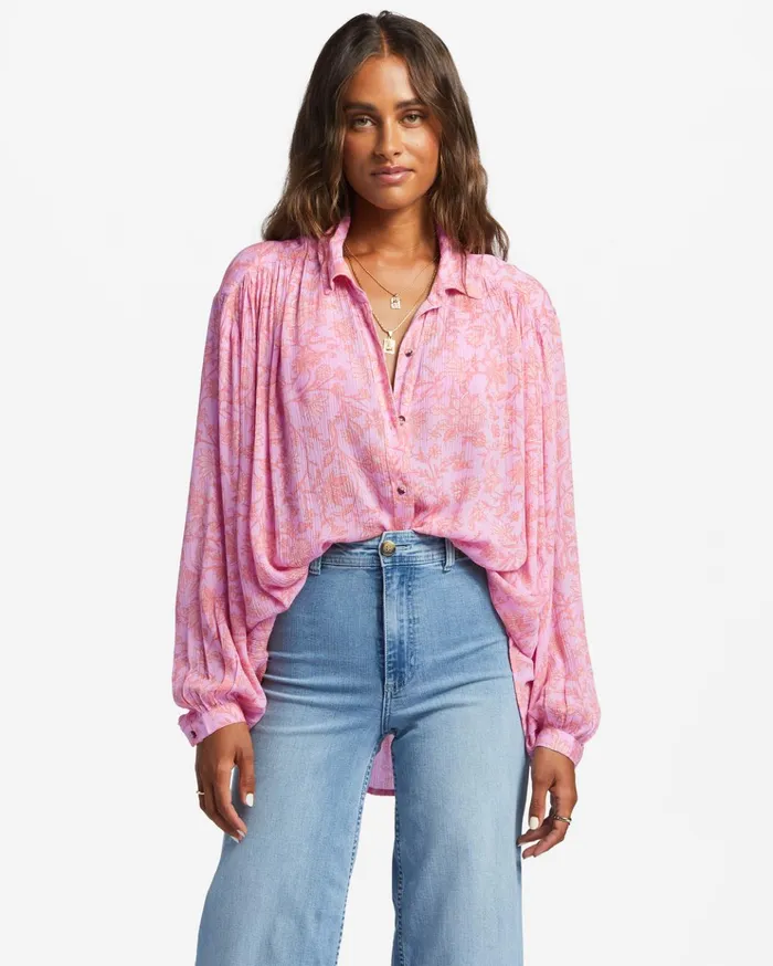 Billabong Day After Day Long Sleeve Shirt Pink Trails Women Tops