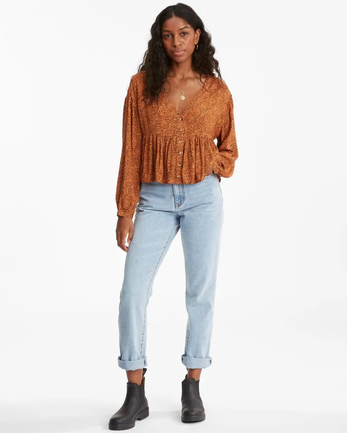 Billabong Easy Street Long Sleeve Blouse Toffee Women Tops Billabong Easy Street Long Sleeve Blouse Toffee Women Tops