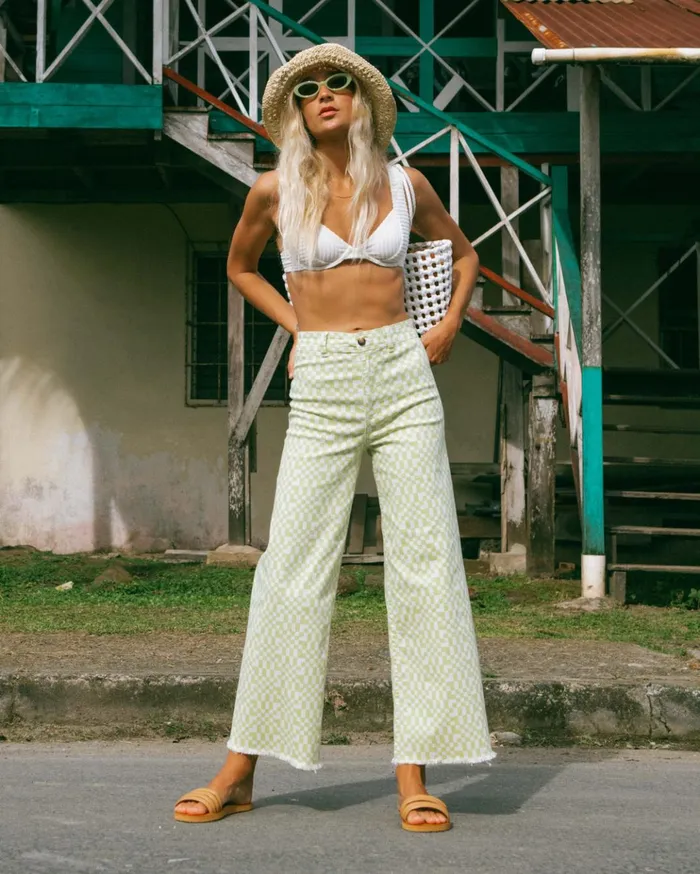 Billabong Free Fall Print Wide Leg Pants Light Lime Women Pants