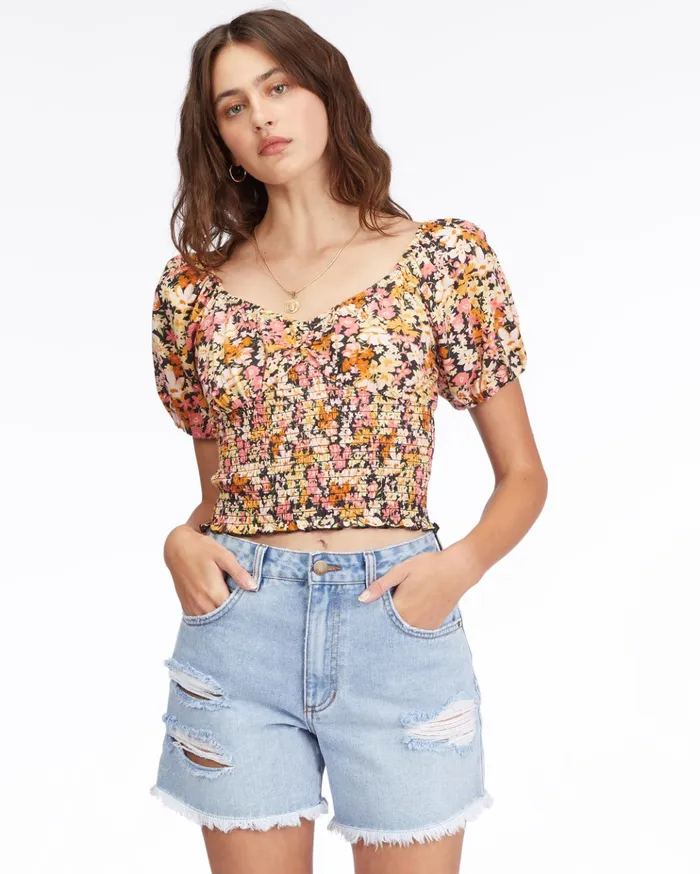 Billabong Get Along Puff Sleeve Top Black Multi Women Tops