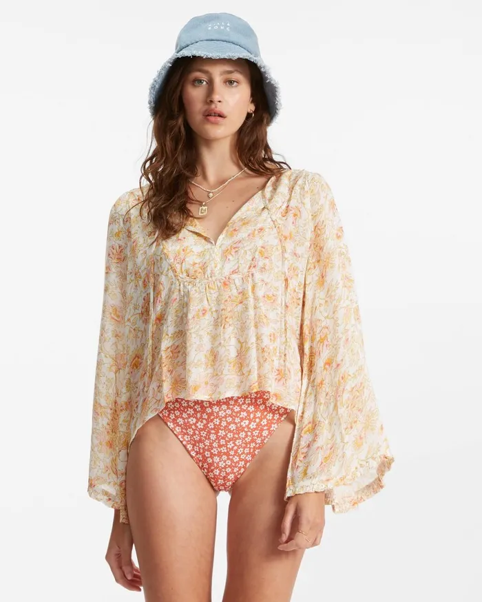 Billabong Hippie Days Bell Sleeve Top WhiteMulti Women Tops Billabong Hippie Days Bell Sleeve Top WhiteMulti Women Tops
