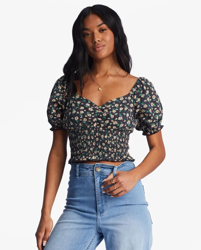 Billabong Love Song Puff Sleeve Top Black Pebble Women Tops