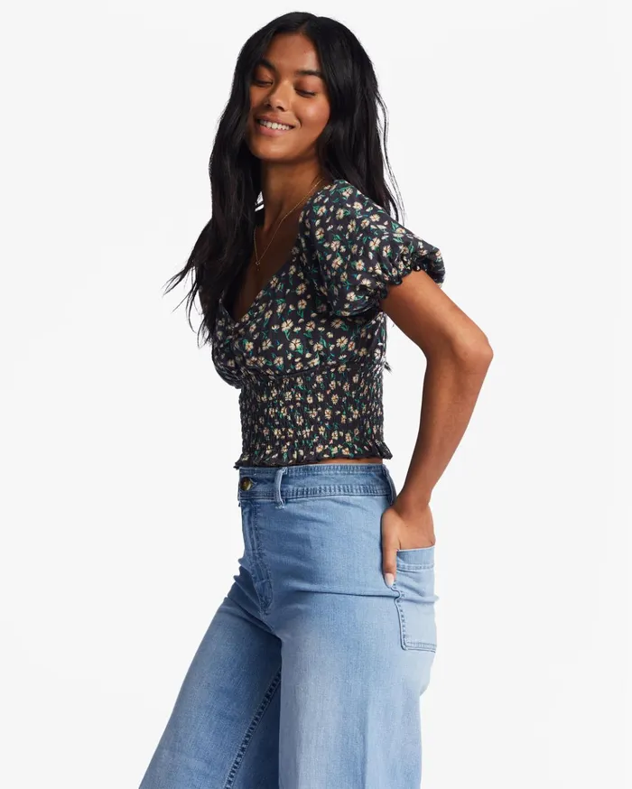 Billabong Love Song Puff Sleeve Top Black Pebble Women Tops Billabong Love Song Puff Sleeve Top Black Pebble Women Tops