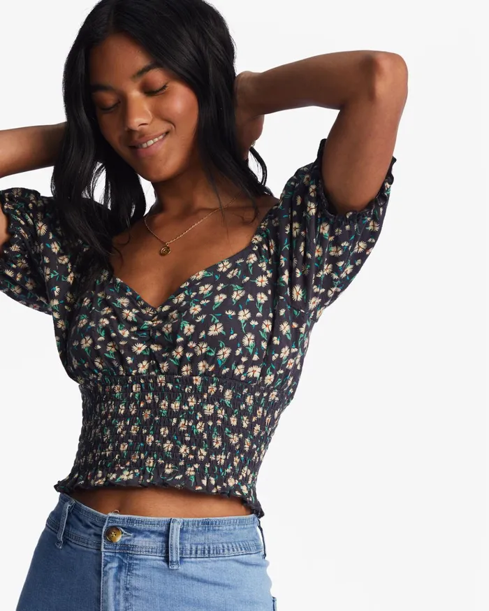 Billabong Love Song Puff Sleeve Top Black Pebble Women Tops Billabong Love Song Puff Sleeve Top Black Pebble Women Tops