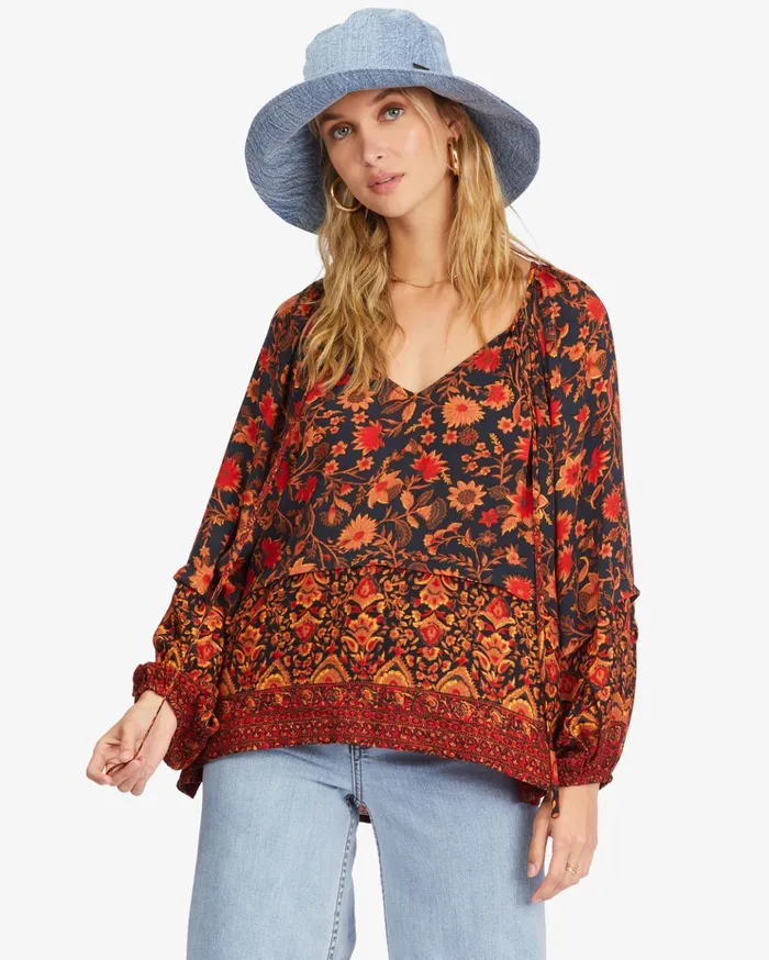 Billabong Peace and Love Long Sleeve Blouse Black Multi Women Tops