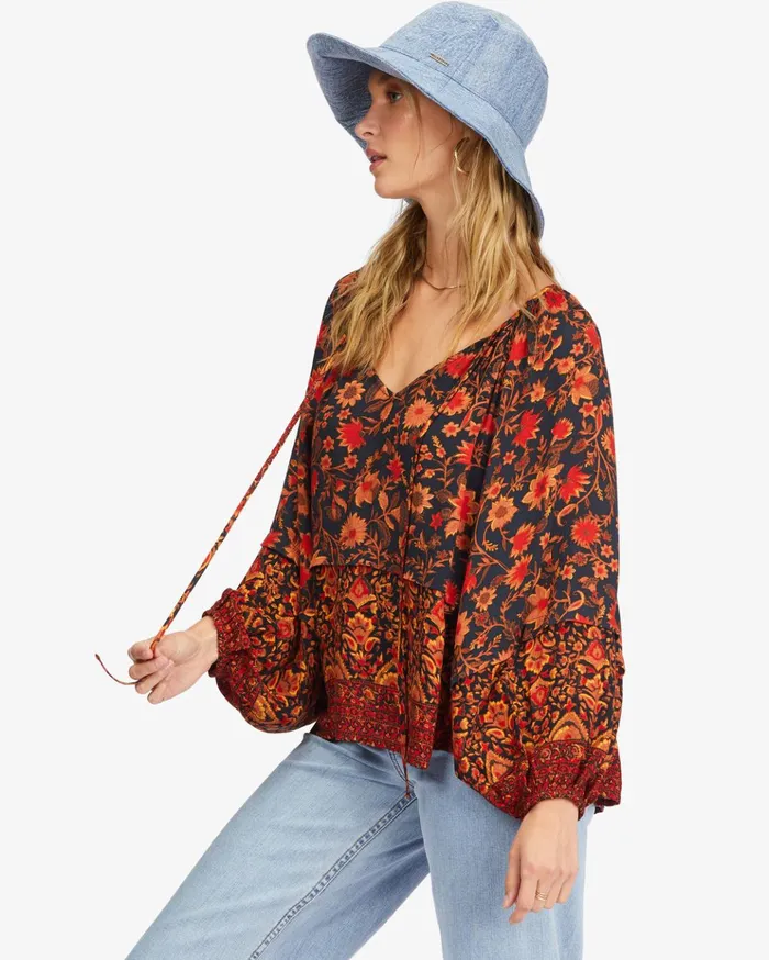 Billabong Peace and Love Long Sleeve Blouse Black Multi Women Tops Billabong Peace and Love Long Sleeve Blouse Black Multi Women Tops