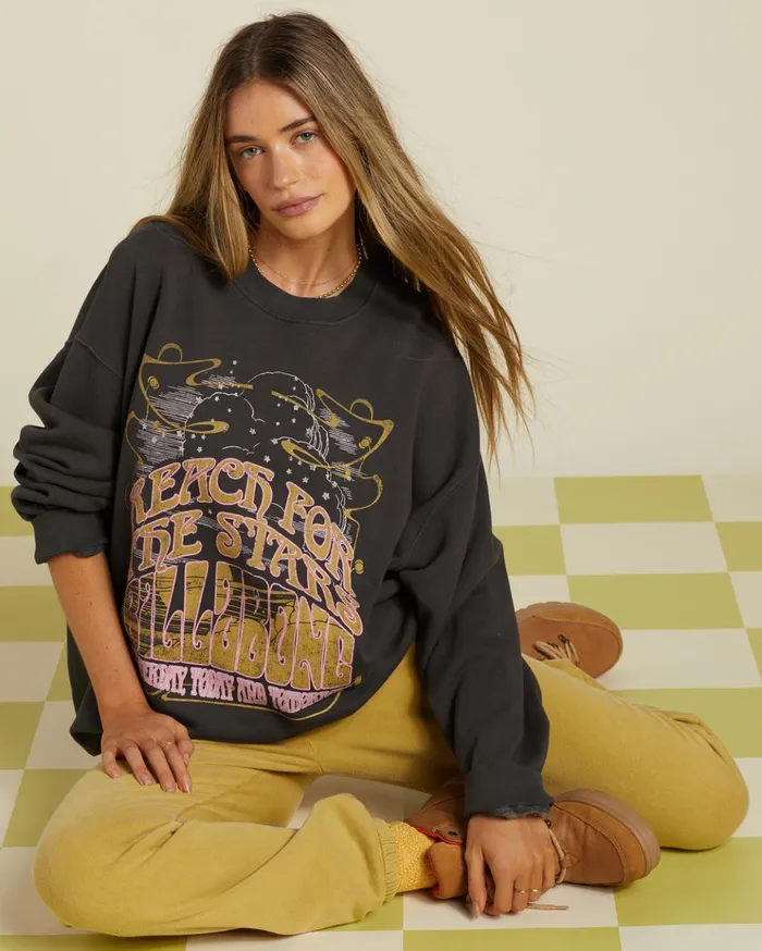 Billabong Ride In Oversized Crewneck Sweatshirt Off Black Women Hoodies and Fleece Billabong Ride In Oversized Crewneck Sweatshirt Off Black Women Hoodies and Fleece