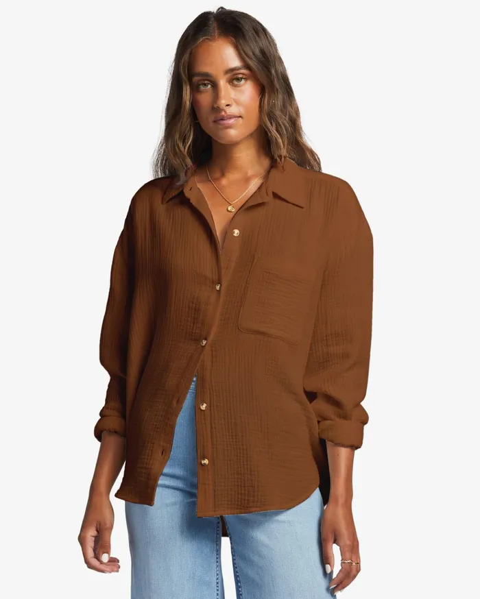 Billabong Right On Long Sleeve Shirt Toasted Coconut Women Tops