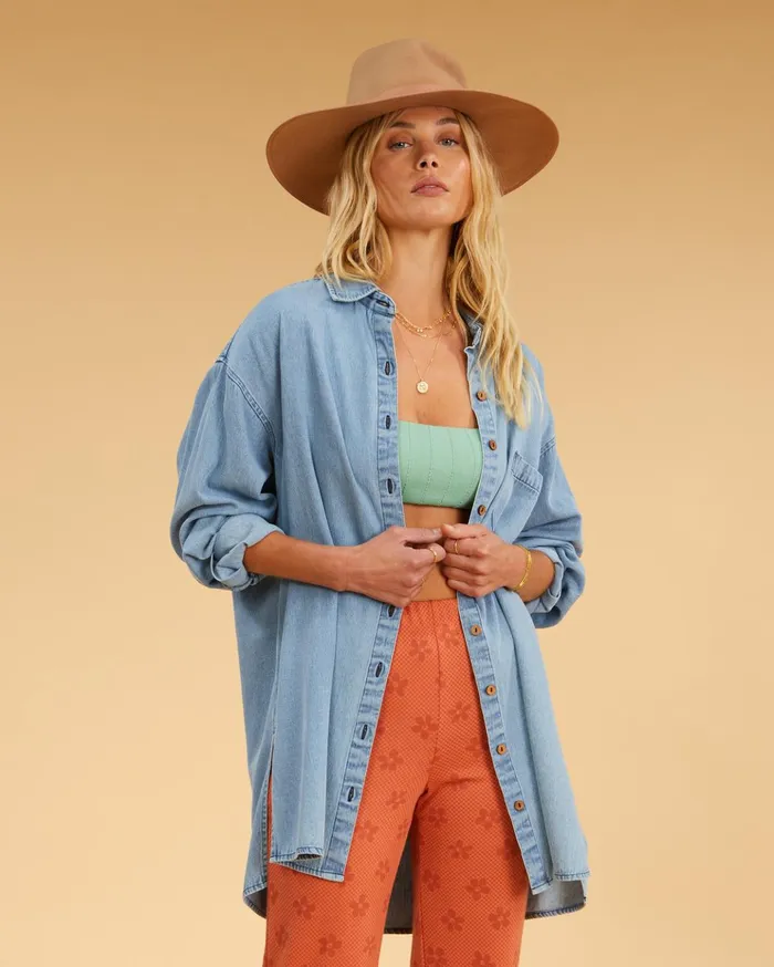 Billabong Salty Blonde In The Tide Long Sleeve Denim Shirt Salty Blue Women Tops Billabong Salty Blonde In The Tide Long Sleeve Denim Shirt Salty Blue Women Tops