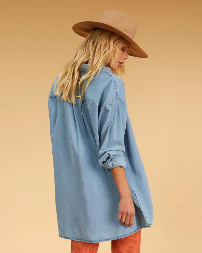 Billabong Salty Blonde In The Tide Long Sleeve Denim Shirt Salty Blue Women Tops Billabong Salty Blonde In The Tide Long Sleeve Denim Shirt Salty Blue Women Tops