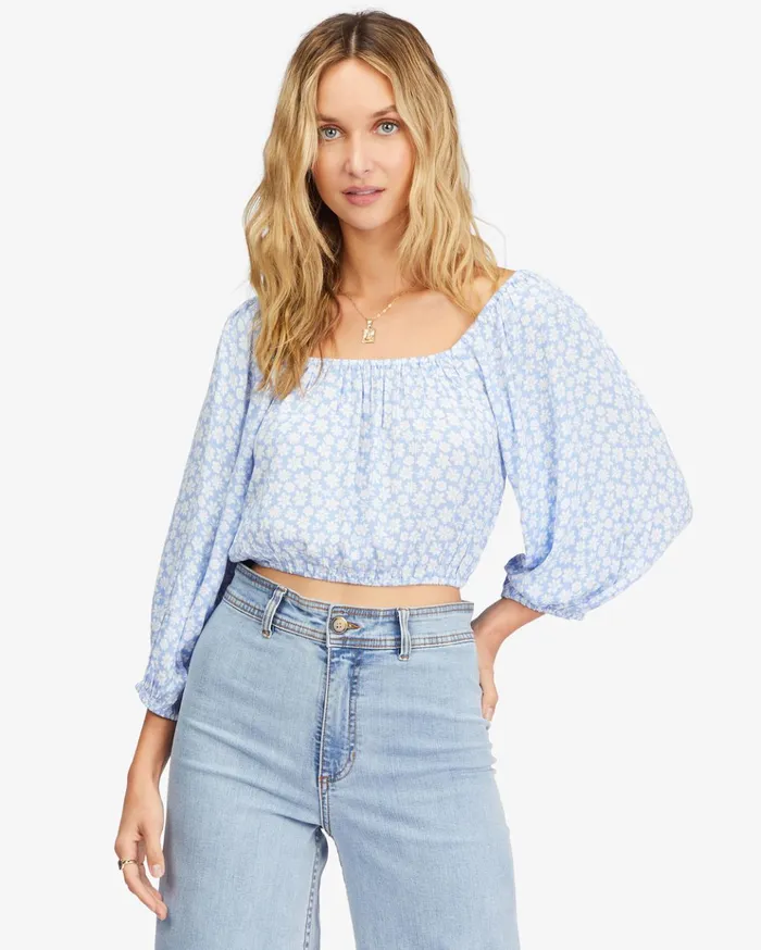 Billabong Sun City 2 Puff Sleeve Crop Top Baby Blues Women Tops Billabong Sun City 2 Puff Sleeve Crop Top Baby Blues Women Tops