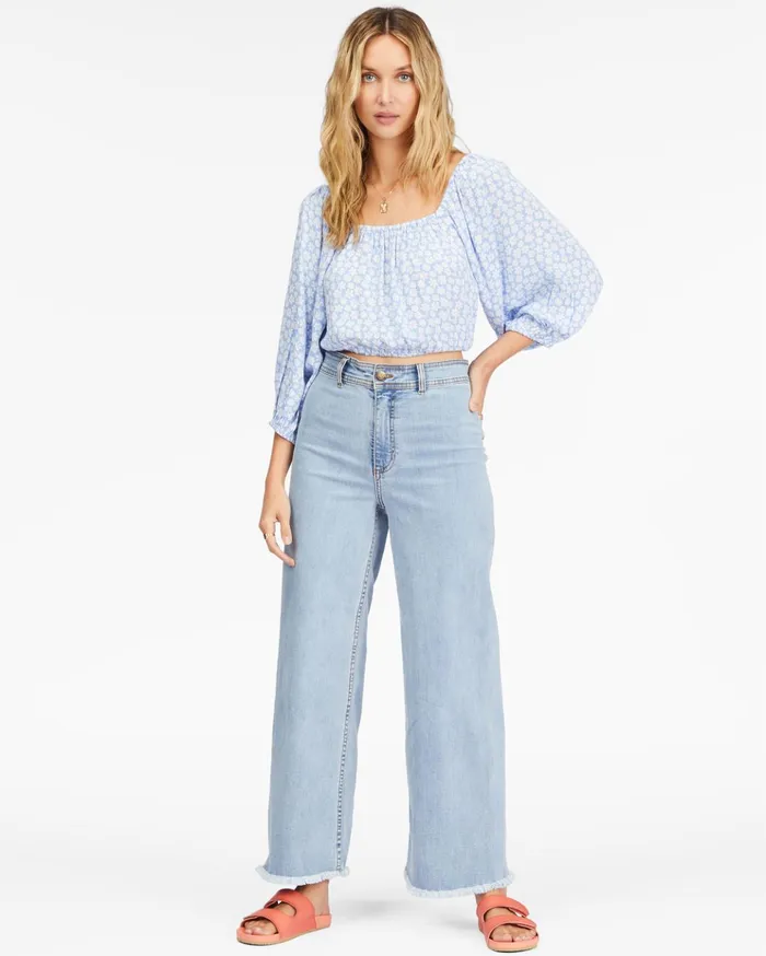 Billabong Sun City 2 Puff Sleeve Crop Top Baby Blues Women Tops Billabong Sun City 2 Puff Sleeve Crop Top Baby Blues Women Tops