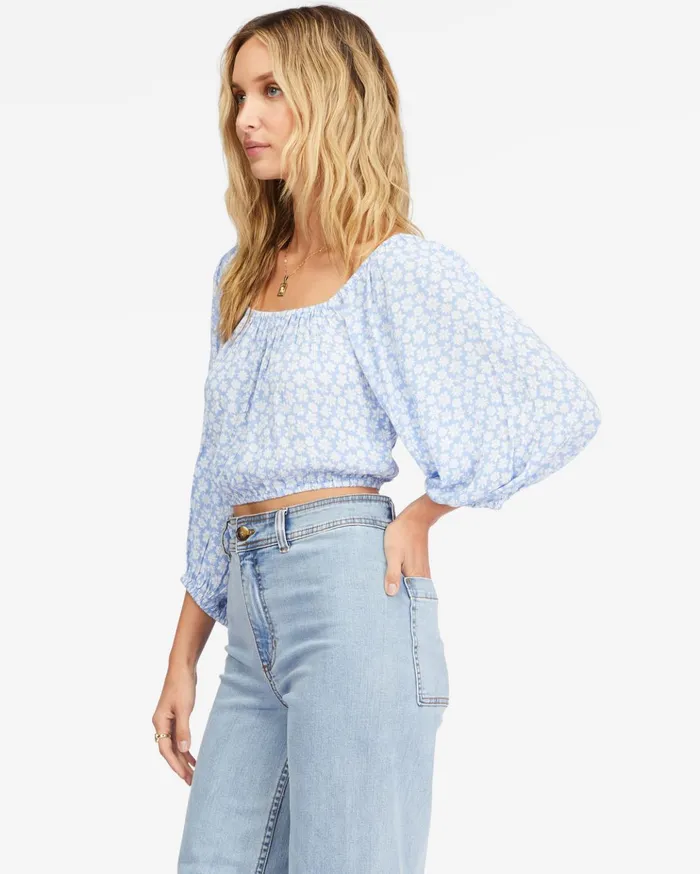Billabong Sun City 2 Puff Sleeve Crop Top Baby Blues Women Tops Billabong Sun City 2 Puff Sleeve Crop Top Baby Blues Women Tops