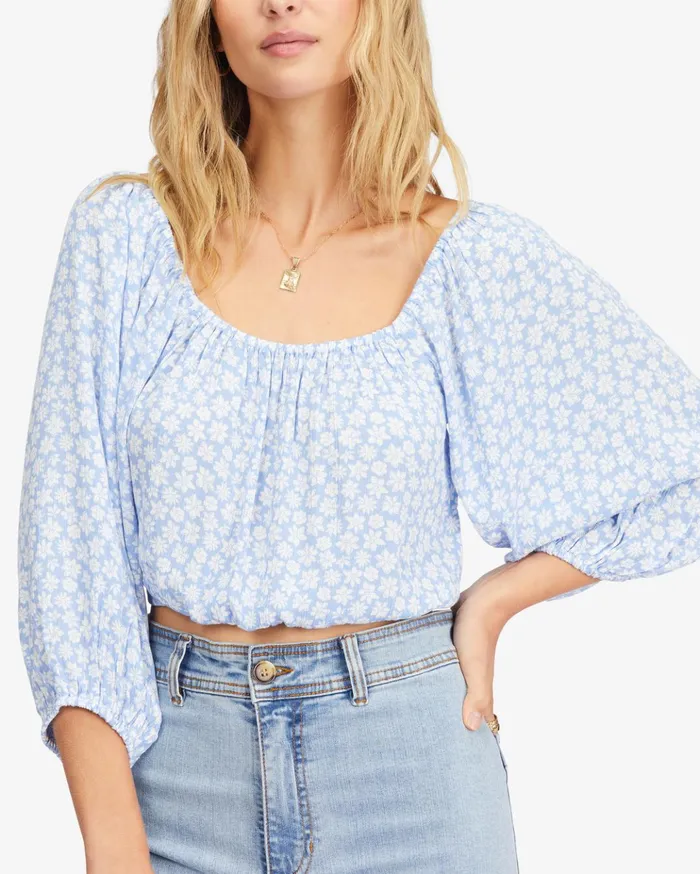 Billabong Sun City 2 Puff Sleeve Crop Top Baby Blues Women Tops Billabong Sun City 2 Puff Sleeve Crop Top Baby Blues Women Tops