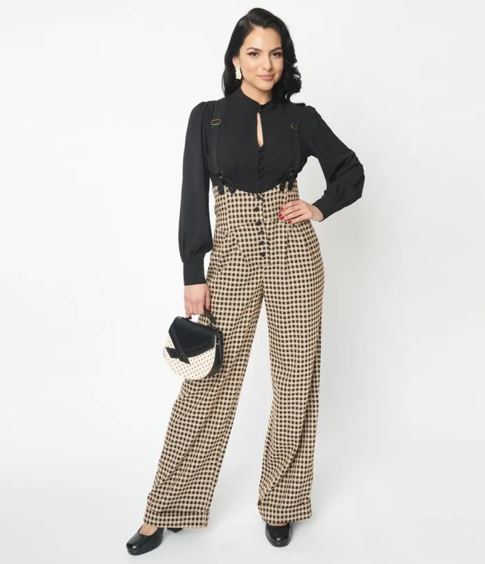 Black and Beige Plaid Thelma Suspender Pants Clothing Unique Vintage Pants Black and Beige Plaid Thelma Suspender Pants Clothing Unique Vintage Pants