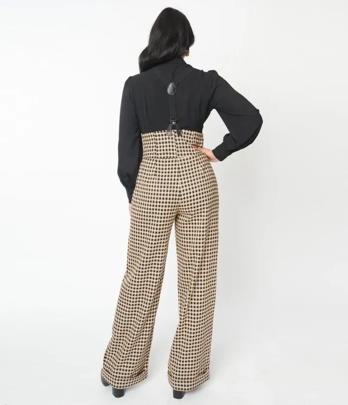 Black and Beige Plaid Thelma Suspender Pants Clothing Unique Vintage Pants