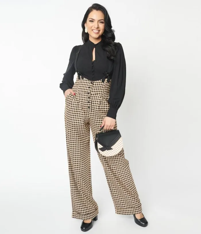 Black and Beige Plaid Thelma Suspender Pants Clothing Unique Vintage Pants