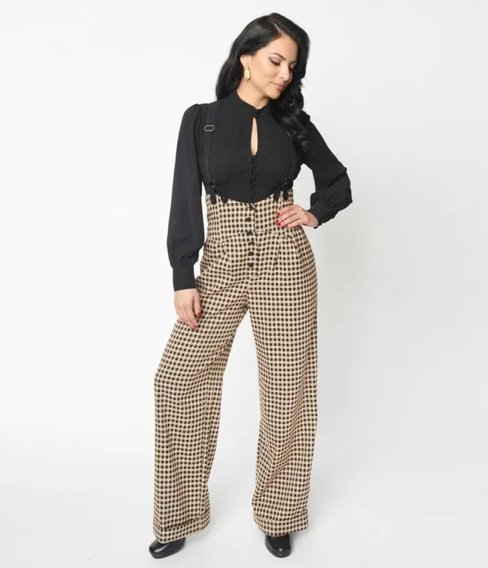 Black and Beige Plaid Thelma Suspender Pants Clothing Unique Vintage Pants