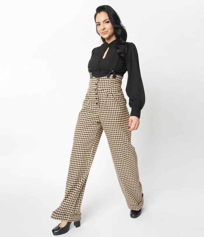 Black and Beige Plaid Thelma Suspender Pants Clothing Unique Vintage Pants
