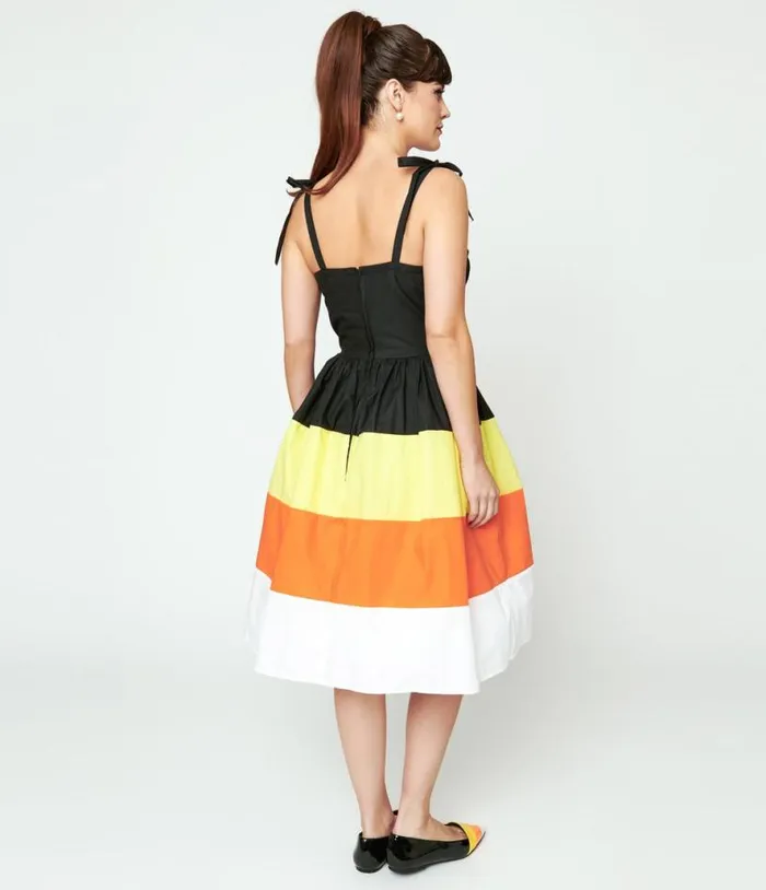 Black and Candy Corn Stripe Swing Dress DressesHalloweenPlus Unique Vintage Pocket Dresses