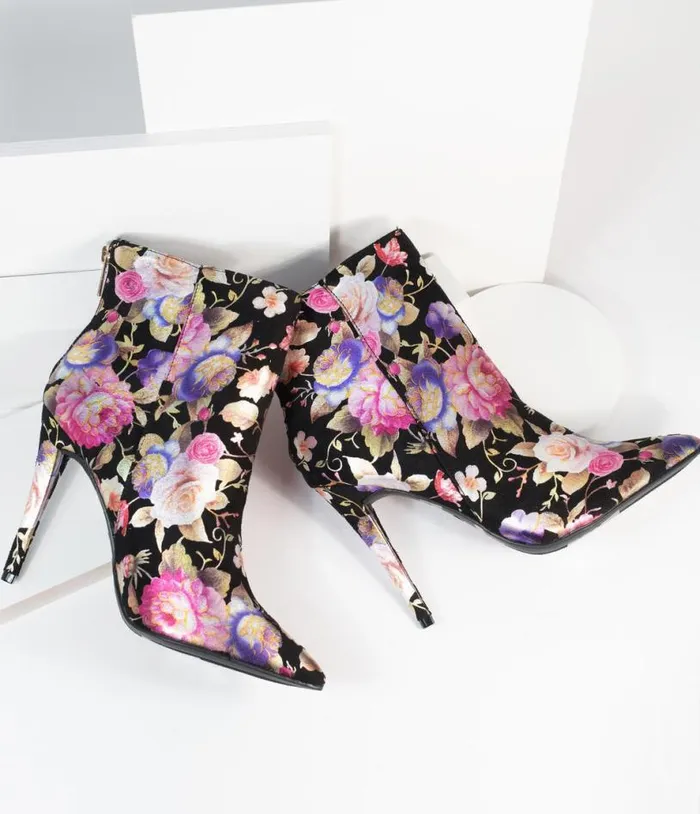 Black and Gleaming Floral Suede Stiletto Bootie Shoes Unique Vintage Heels Black and Gleaming Floral Suede Stiletto Bootie Shoes Unique Vintage Heels