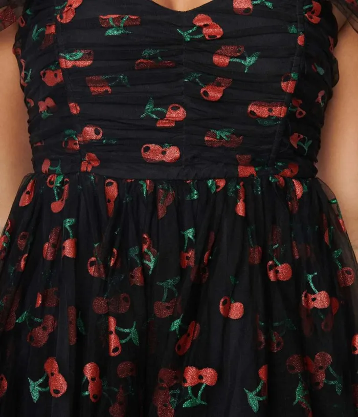 Black and Glitter Cherry Print Heart and Soul Babydoll Dress DressesPlus Unique Vintage Babydoll