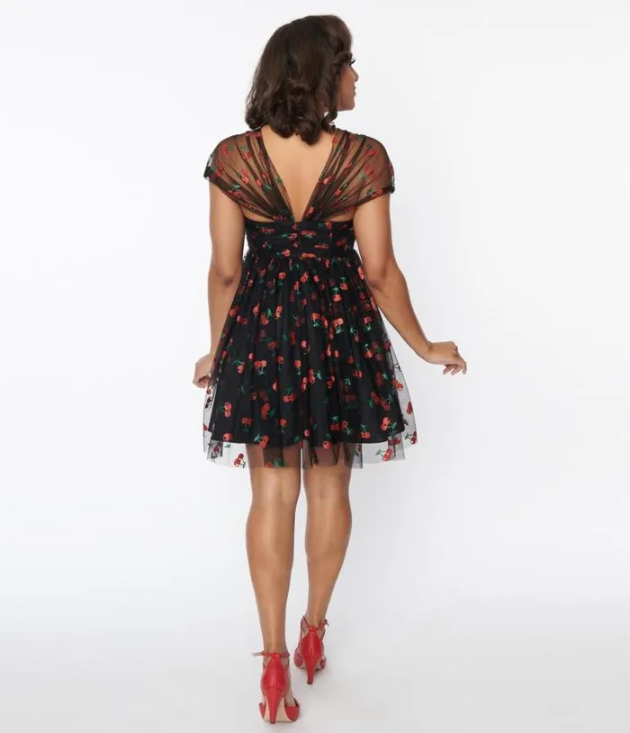 Black and Glitter Cherry Print Heart and Soul Babydoll Dress DressesPlus Unique Vintage Babydoll